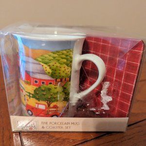 Debbie Mumm Farmhouse Boxed Fine Porcelain Mug & Coaster Set Apple Country NEW